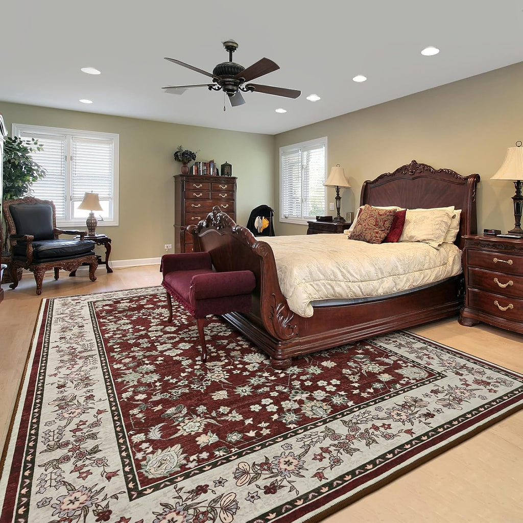 Washable Rug for Living Room, Non-Slip Rugs for Kitchen, 6X9 Oriental Indoor Mat under Dinning Table, Mordern Print Home Carpets with Rubber Backing for Kids, Maroon and Beige