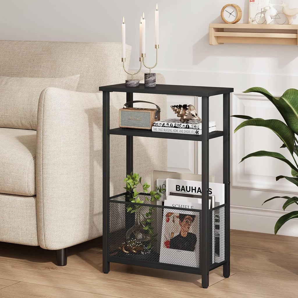 Narrow Side Table with Storage Basket Skinny End Tables for Smalls Spaces 3 Tier Sofa Table Small Nightstand Slim Bedside Table for Living Room Bedroom Black MLBZ22B