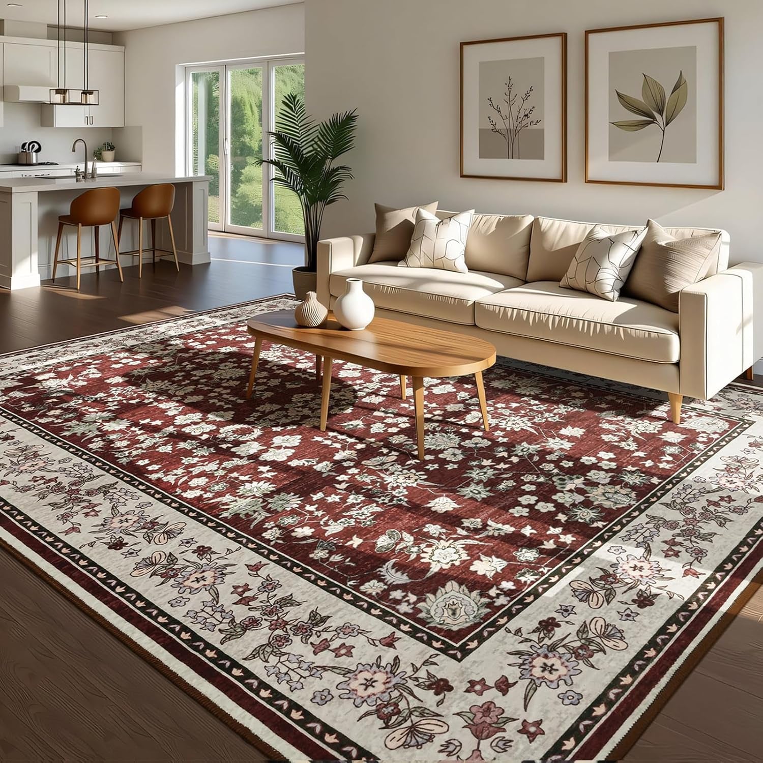 Washable Rug for Living Room, Non-Slip Rugs for Kitchen, 6X9 Oriental Indoor Mat under Dinning Table, Mordern Print Home Carpets with Rubber Backing for Kids, Maroon and Beige