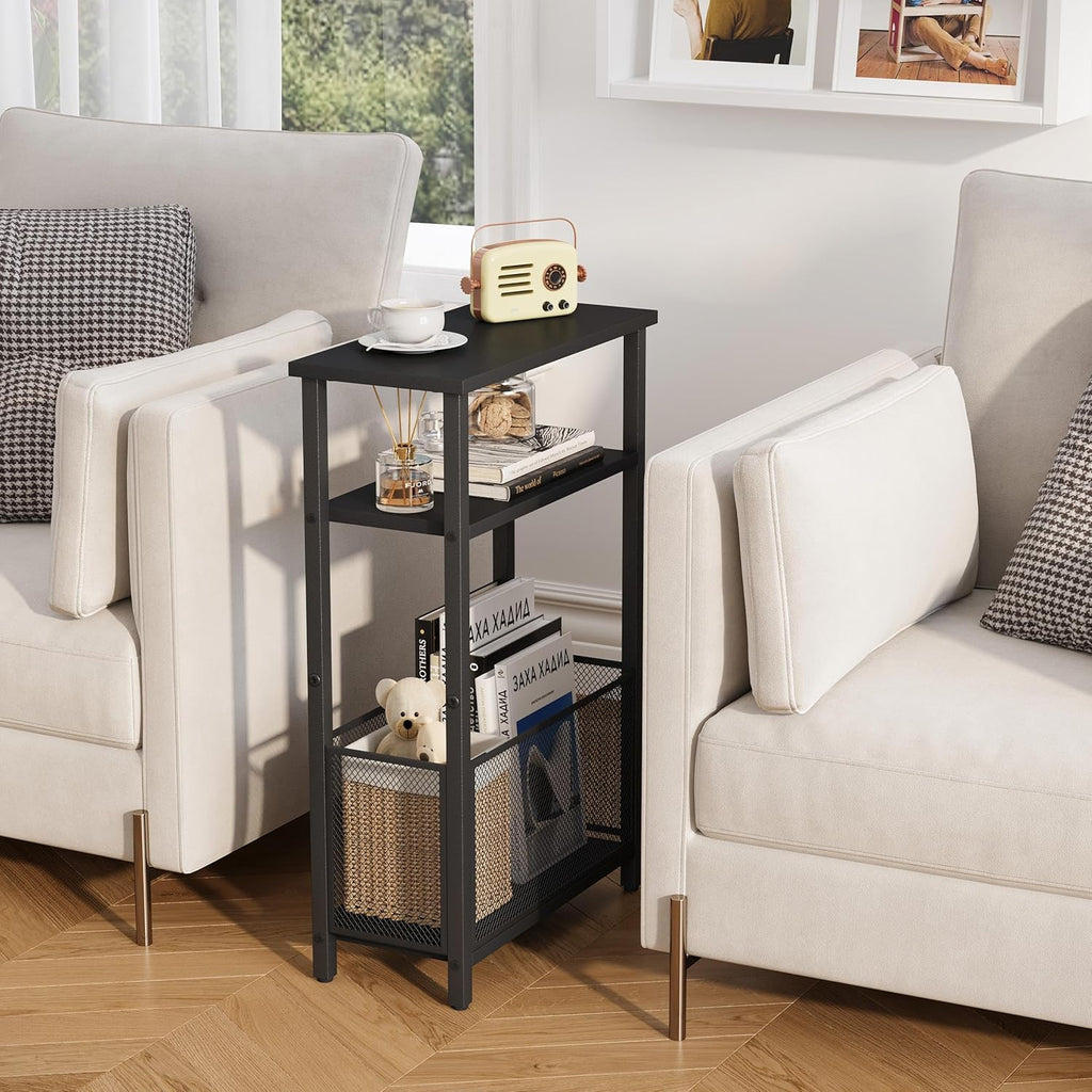 Narrow Side Table with Storage Basket Skinny End Tables for Smalls Spaces 3 Tier Sofa Table Small Nightstand Slim Bedside Table for Living Room Bedroom Black MLBZ22B