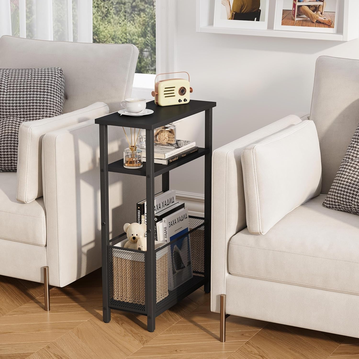 Narrow Side Table with Storage Basket Skinny End Tables for Smalls Spaces 3 Tier Sofa Table Small Nightstand Slim Bedside Table for Living Room Bedroom Black MLBZ22B