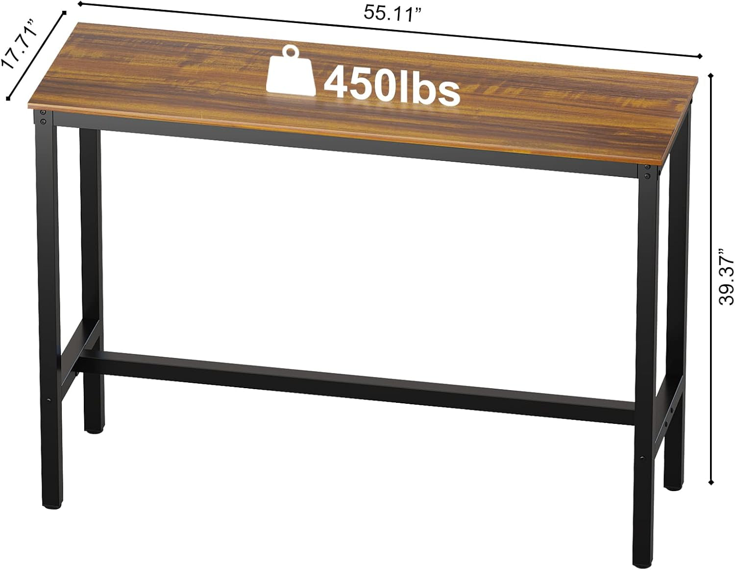 Bar Table, Bar Height Pub Table, Counter Height Table with Sturdy Metal Frame, Rectangular High Top Table for Kitchen & Dining, Living Room (55.11", Teak)