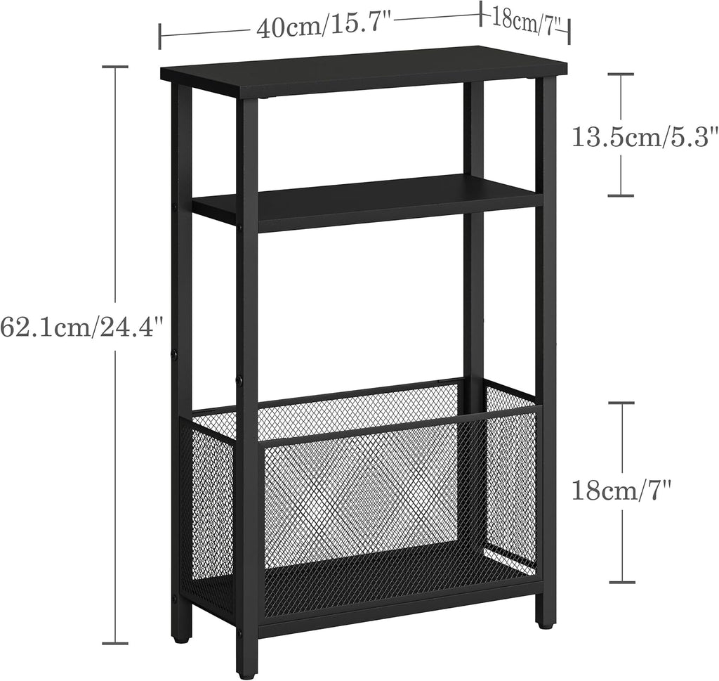 Narrow Side Table with Storage Basket Skinny End Tables for Smalls Spaces 3 Tier Sofa Table Small Nightstand Slim Bedside Table for Living Room Bedroom Black MLBZ22B