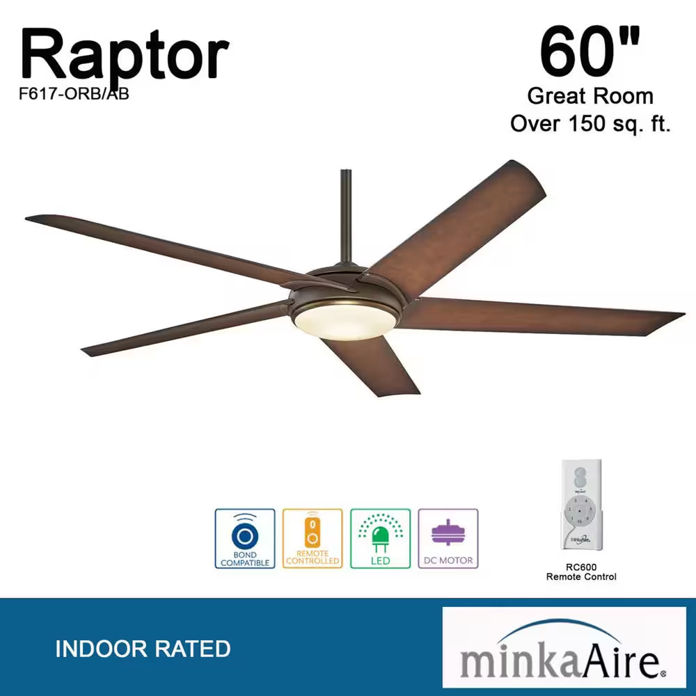 Raptor 60 In. Integrated LED Indoor Oil Rubbed Bronze Ceiling Fan with Light with Remote Control