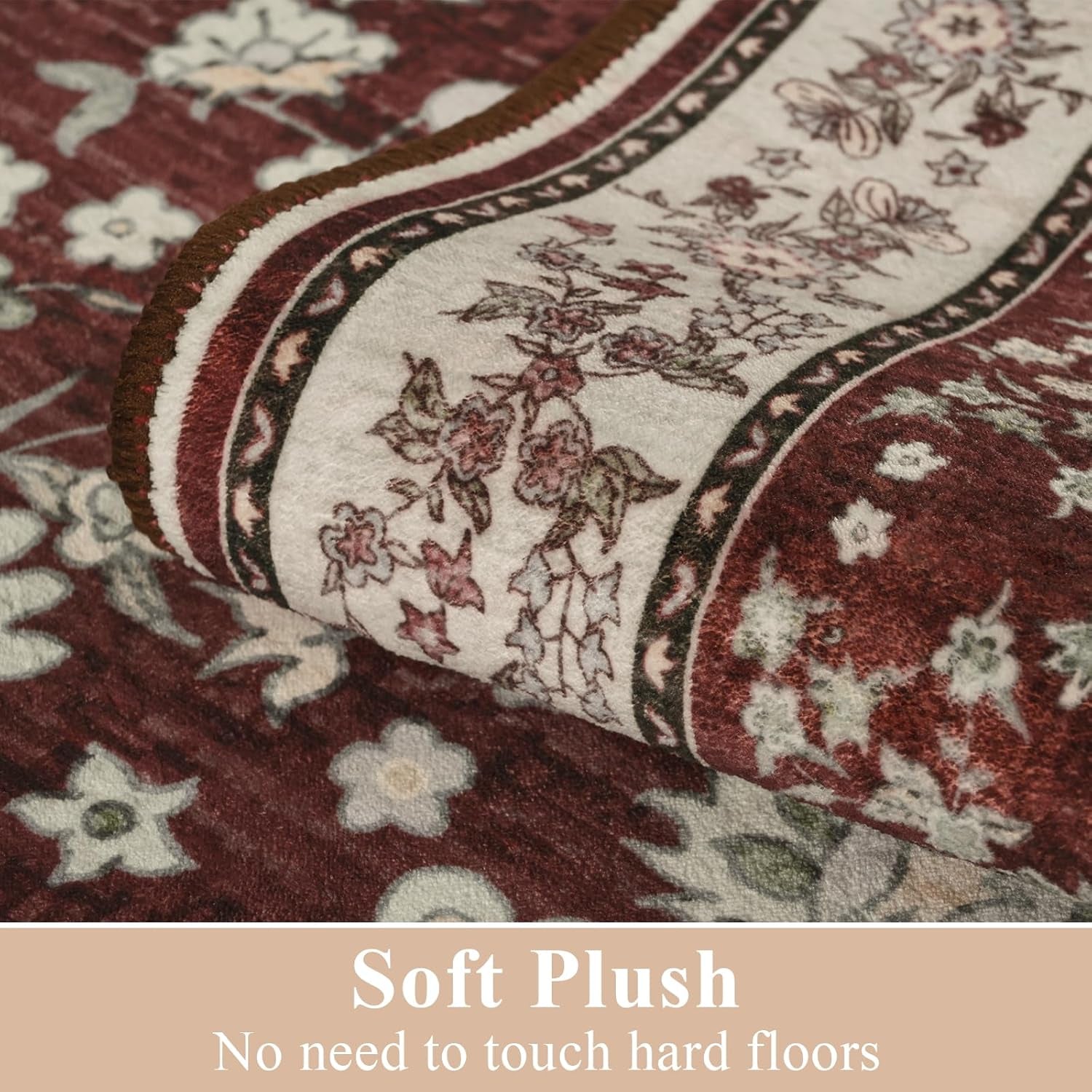 Washable Rug for Living Room, Non-Slip Rugs for Kitchen, 6X9 Oriental Indoor Mat under Dinning Table, Mordern Print Home Carpets with Rubber Backing for Kids, Maroon and Beige