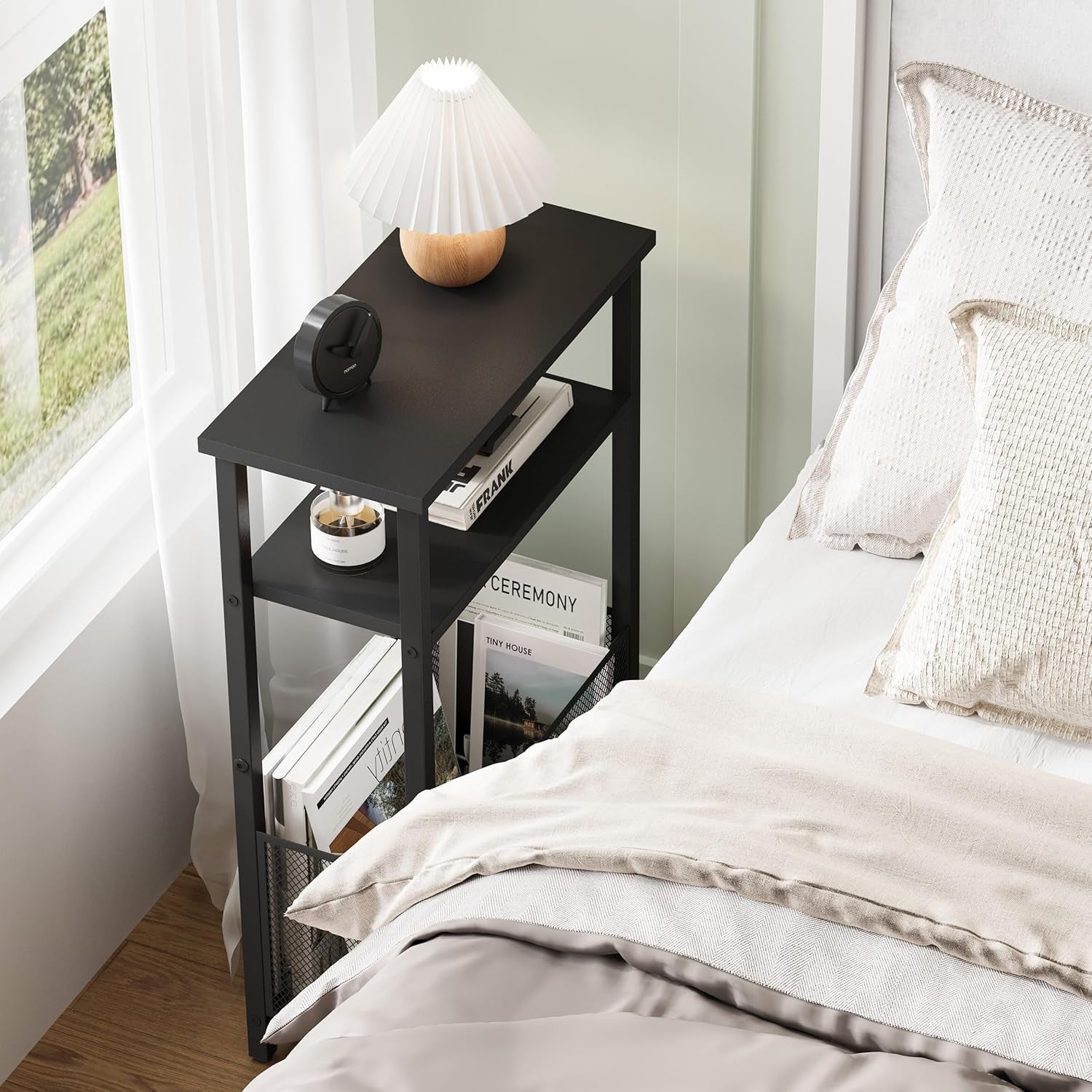 Narrow Side Table with Storage Basket Skinny End Tables for Smalls Spaces 3 Tier Sofa Table Small Nightstand Slim Bedside Table for Living Room Bedroom Black MLBZ22B