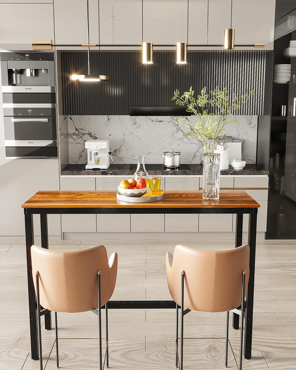 Bar Table, Bar Height Pub Table, Counter Height Table with Sturdy Metal Frame, Rectangular High Top Table for Kitchen & Dining, Living Room (55.11", Teak)