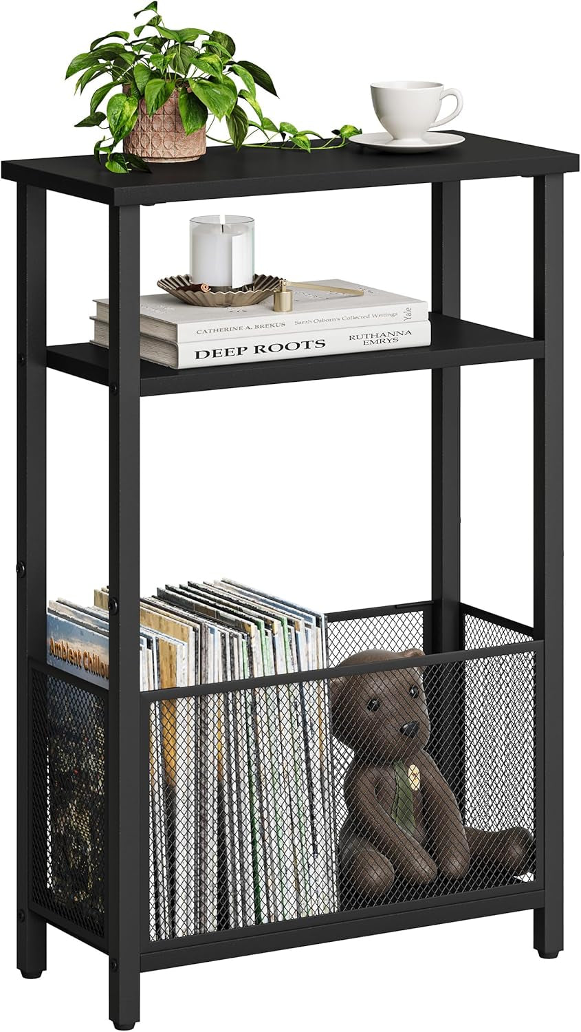 Narrow Side Table with Storage Basket Skinny End Tables for Smalls Spaces 3 Tier Sofa Table Small Nightstand Slim Bedside Table for Living Room Bedroom Black MLBZ22B