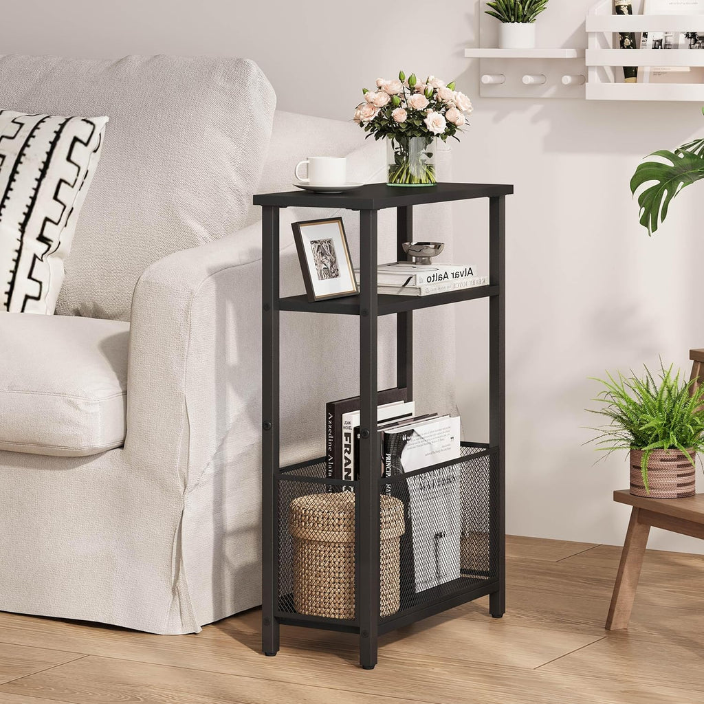Narrow Side Table with Storage Basket Skinny End Tables for Smalls Spaces 3 Tier Sofa Table Small Nightstand Slim Bedside Table for Living Room Bedroom Black MLBZ22B